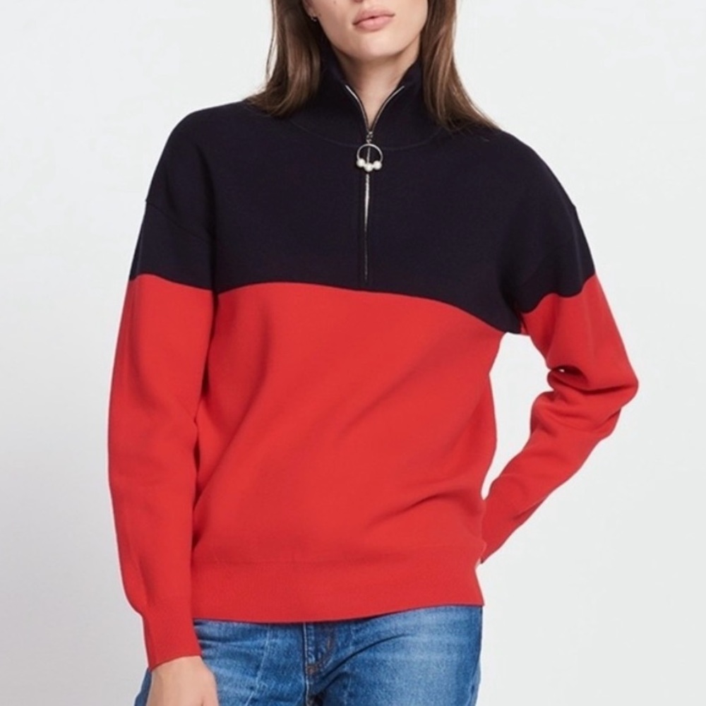 NWOT SANDRO RED AND NAVY PEARL QUARTER ZIP KNIT SWEATER